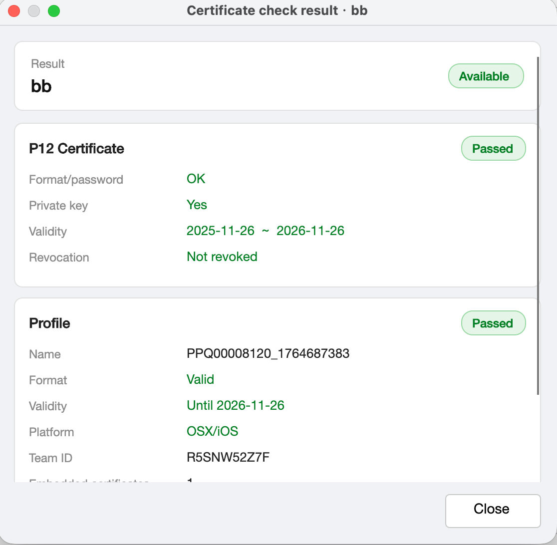 OSign certificate check result